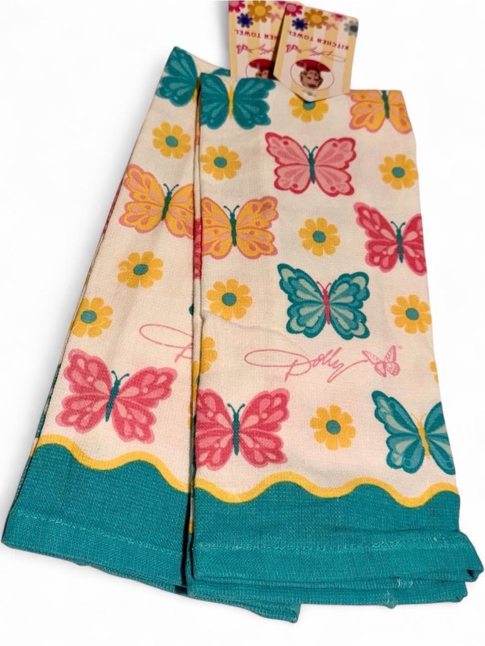 NWT Dolly Parton  Cream Butterfly Kitchen Towel with Teal Trim